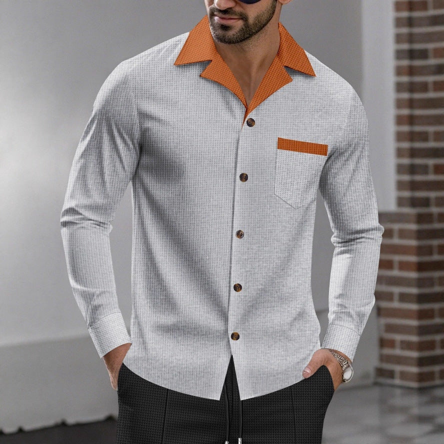 Herren modisches Langarmhemd mit kontrastierendem Kragen und Brusttasche R&B