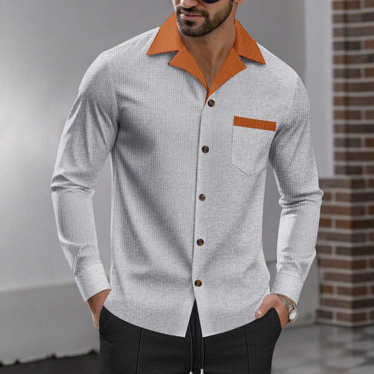 Herren modisches Langarmhemd mit kontrastierendem Kragen und Brusttasche R&B