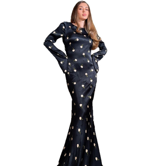Damen Maxikleid mit elegantem Blumendruck und voluminösen Ärmeln R&B