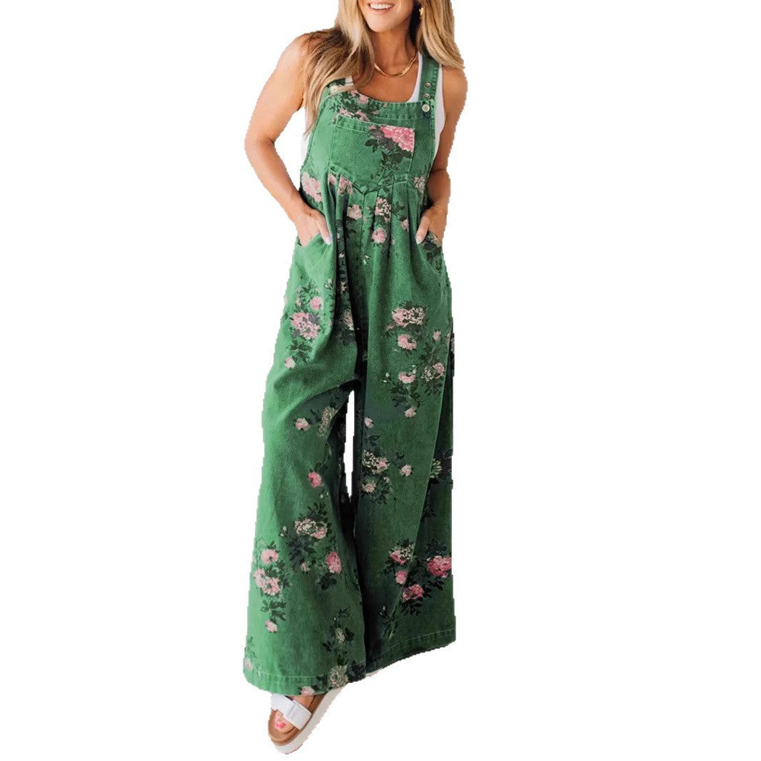 Damen Lässiger Denim-Hosenanzug mit floralem Print und weiten Beinen R&B