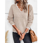 Damen lässiger Strickpullover mit gewelltem V-Ausschnitt und kontrastierenden Abschlüssen