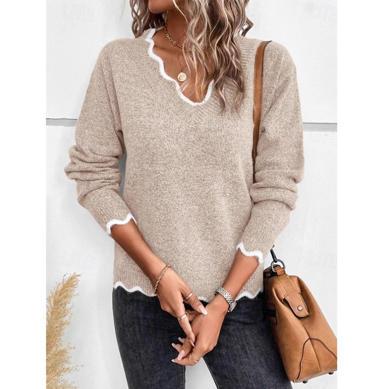 Damen lässiger Strickpullover mit gewelltem V-Ausschnitt und kontrastierenden Abschlüssen