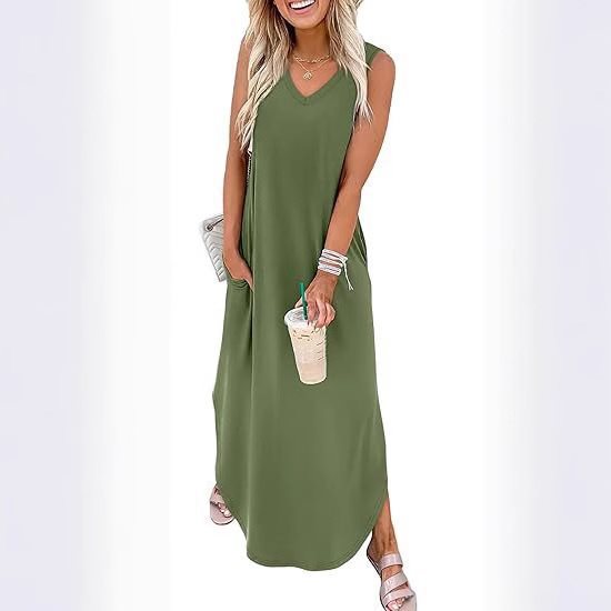 Damen Maxi-Kleid mit modernem V-Ausschnitt und praktischem Taschendesign R&B