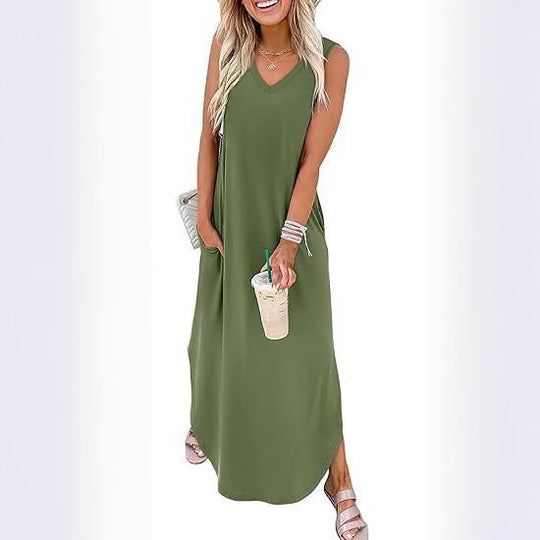 Damen Maxi-Kleid mit modernem V-Ausschnitt und praktischem Taschendesign R&B