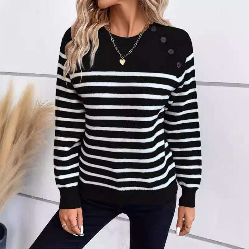 Damen gestreifter Pullover mit dekorativen Knopfdetails und Rundhalsausschnitt R&B
