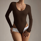 Damen Figurumspielender Langarm-Bodysuit mit tiefem Ausschnitt R&B
