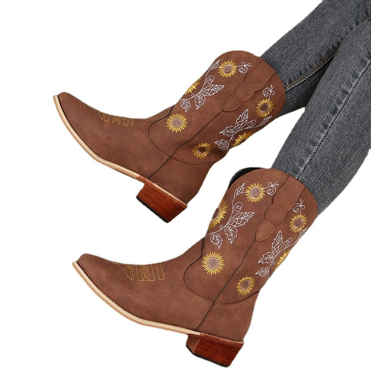 Damen Cowboy-Stiefel mit floralem Stickdesign und robustem Blockabsatz R&B