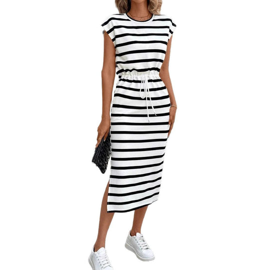 Damen Midikleid mit Streifenmuster und elastischem Taillenzug R&B