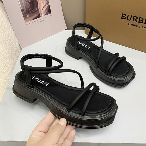 Damen modische Flachsandalen mit elastischen Riemen und rutschfester Sohle R&B