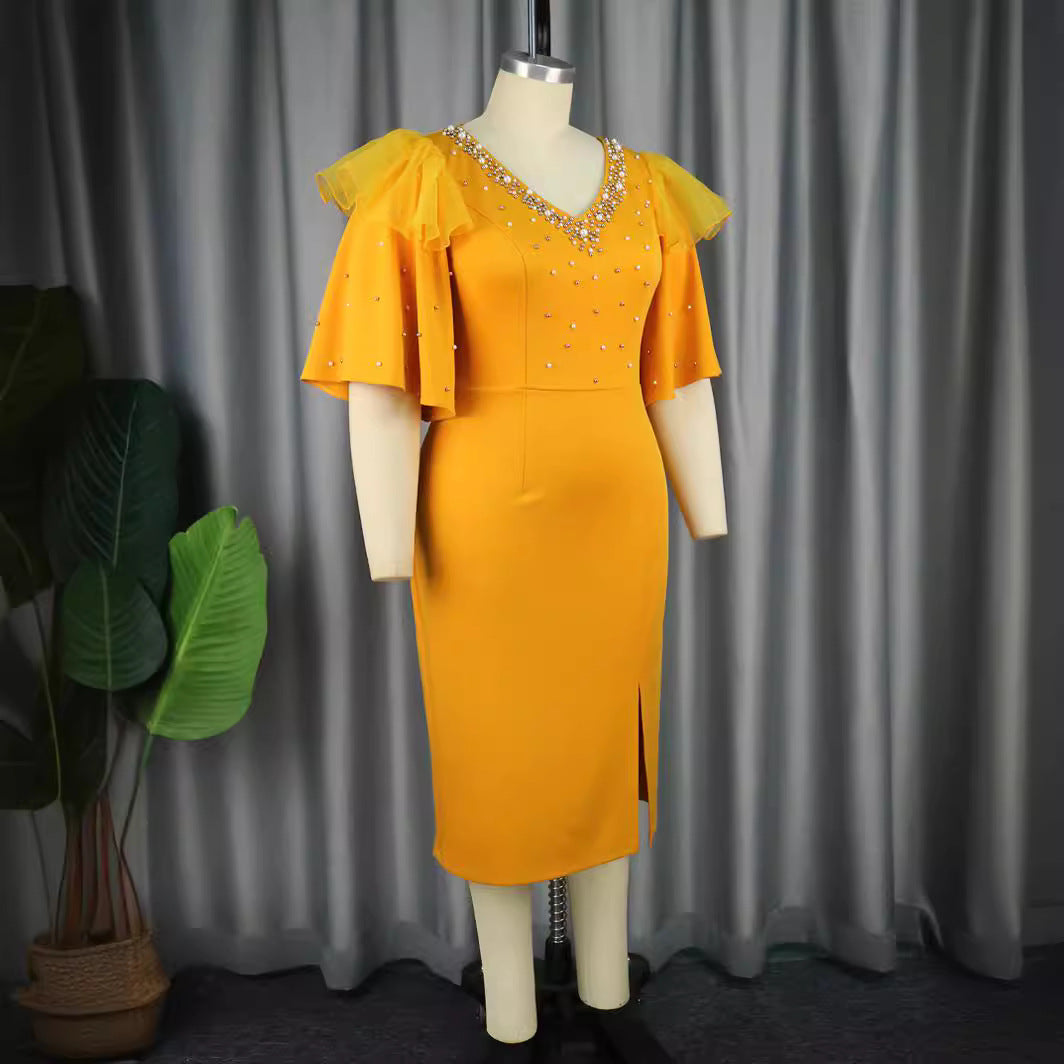 Damen elegantes Schimmerndes Midi-Kleid mit Volantrüsche und Glamourösen Akzenten R&B