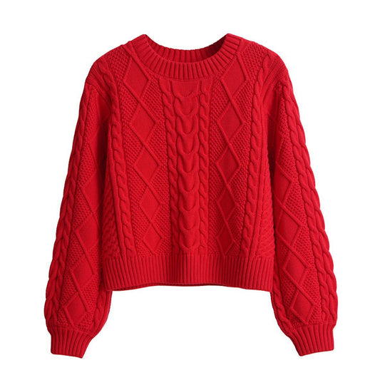 Damen Grobstrickpullover mit kreativem Zopfmuster und weit geschnittenen Ärmeln R&B