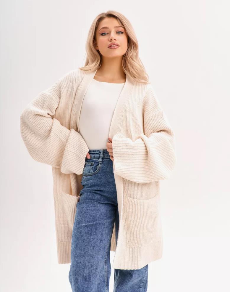 Damen Großer Strickcardigan mit voluminösen Ärmeln und praktischen Taschen R&B