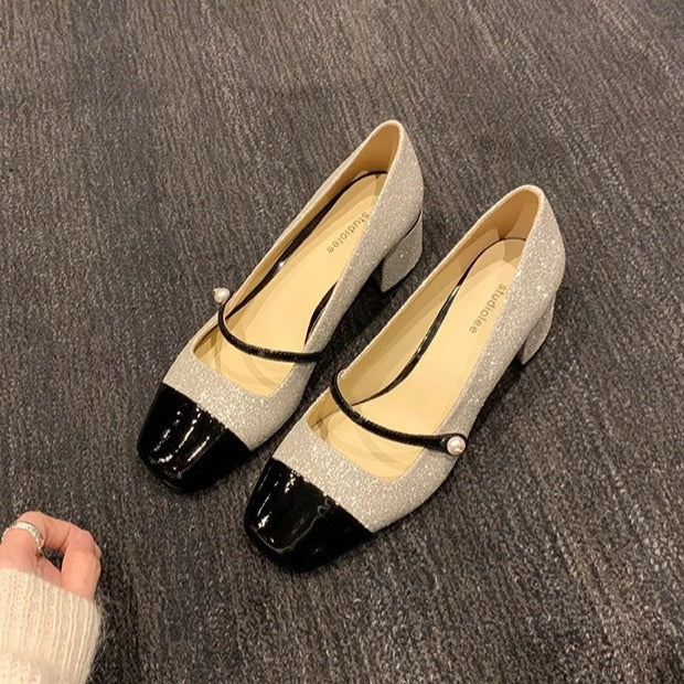Damen Elegante Glitzer-Pumps mit doppeltem Riemchen und komfortablem Blockabsatz