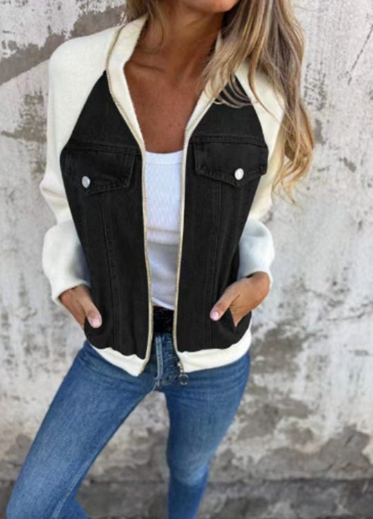 Damen lässige Sweaterjacke mit Denim-Style und Fleeceärmeln R&B