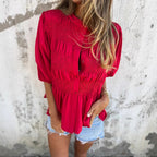 Damen elegante Bluse mit Raffung und durchgehender Knopfleiste