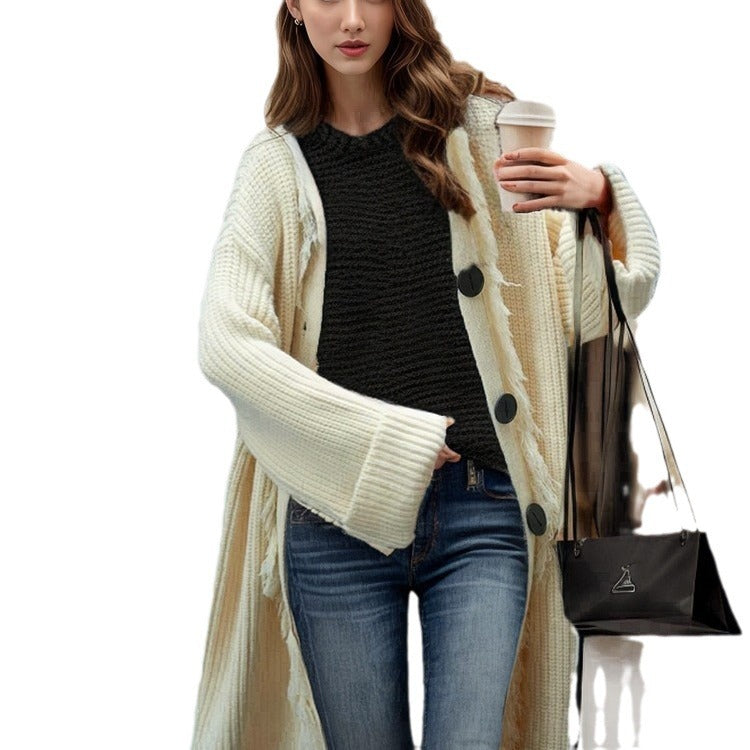 Damen lässiger Strickmantel mit fransigen Abschlüssen und großzügigen Taschen R&B
