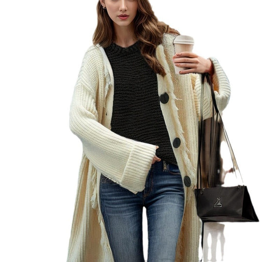 Damen lässiger Strickmantel mit fransigen Abschlüssen und großzügigen Taschen R&B