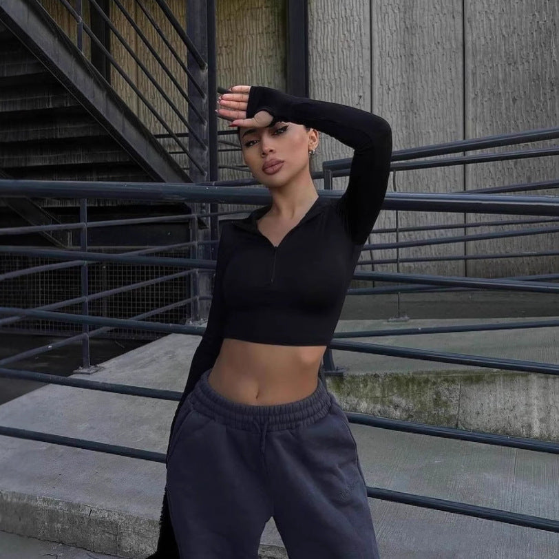 Damen Sportliches Crop-Top mit Reißverschluss und langen Ärmeln R&B