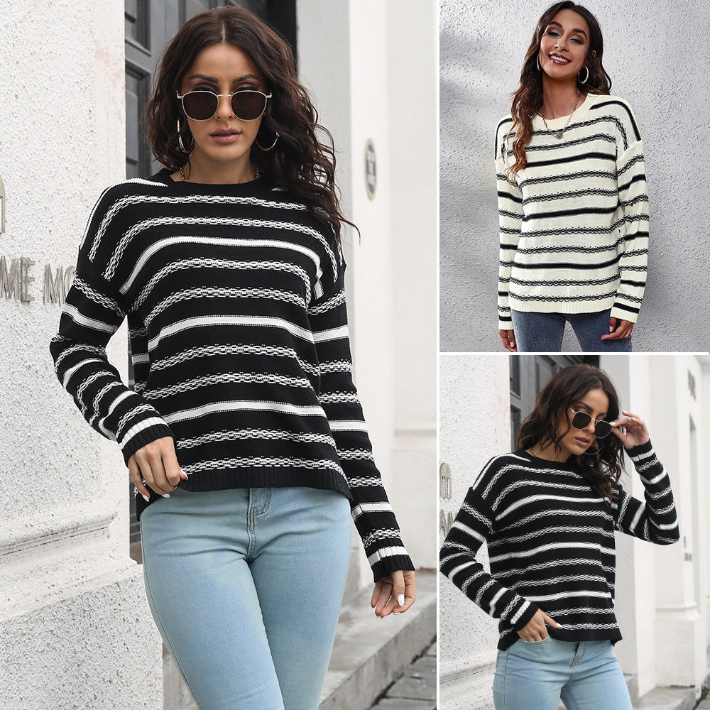 Damen Lässiger Strickpullover mit modernem Streifenmuster und komfortablem Schnitt R&B
