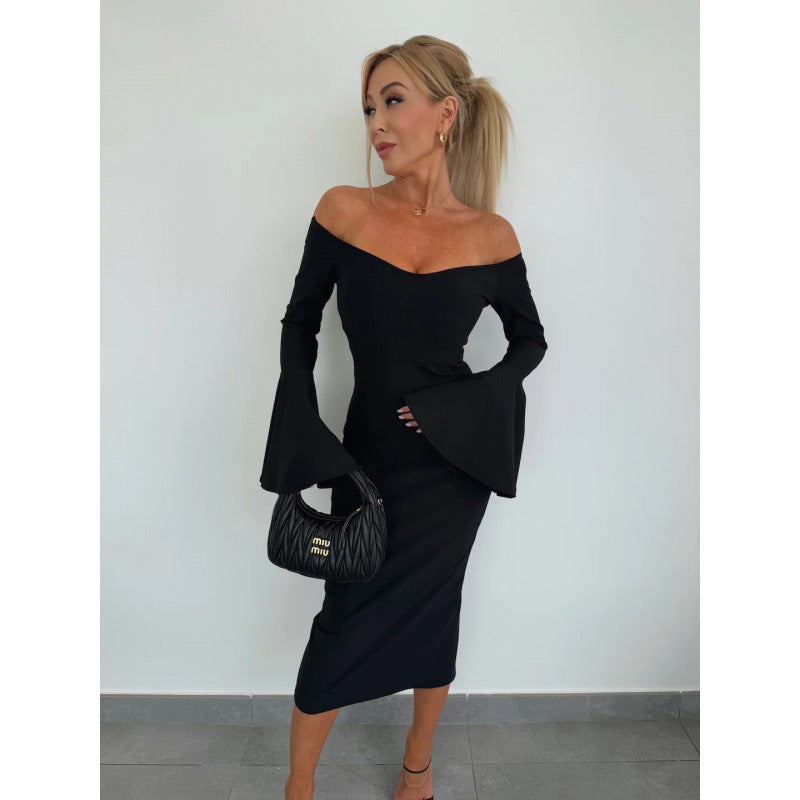 Damen Off-Shoulder Midi Kleid mit weit ausgestellten Ärmeln R&B
