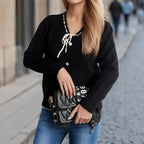 Damen modischer Strickpullover mit verspieltem BindR&Band und dekorativen Knöpfen R&B