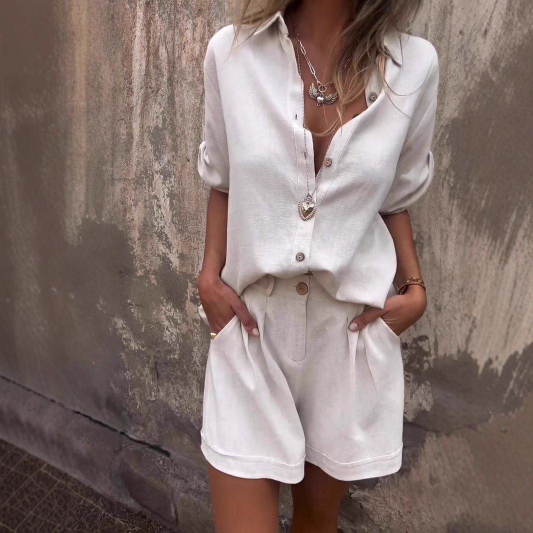 Damen Lässiges Jumpsuit-Set mit knöpfbarem Oberteil und elastischem Taillenzug R&B