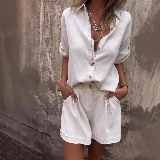 Damen Lässiges Jumpsuit-Set mit knöpfbarem Oberteil und elastischem Taillenzug R&B