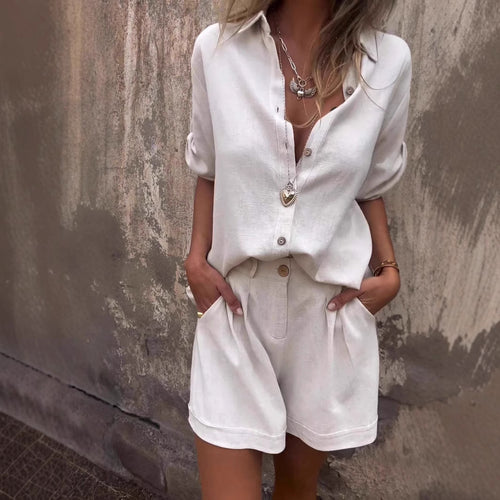 Damen Lässiges Jumpsuit-Set mit knöpfbarem Oberteil und elastischem Taillenzug R&B