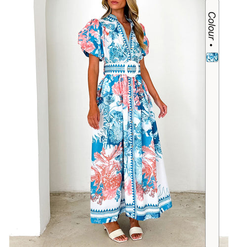 Damen Maxikleid mit hohem Kragen und eleganten Puffärmeln R&B