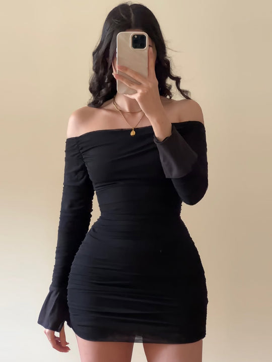 Damen Off-Shoulder Minikleid mit Rüschendetails und figurbetontem Schnitt R&B