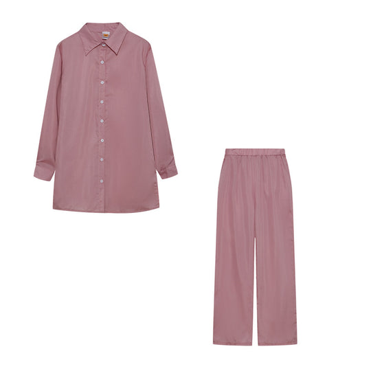 Damen Satin Pyjama Set mit langärmliger Bluse und weiten Hosen R&B