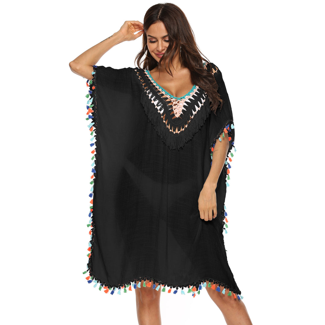 Damen Strandkaftan mit buntem Quastenrand R&B