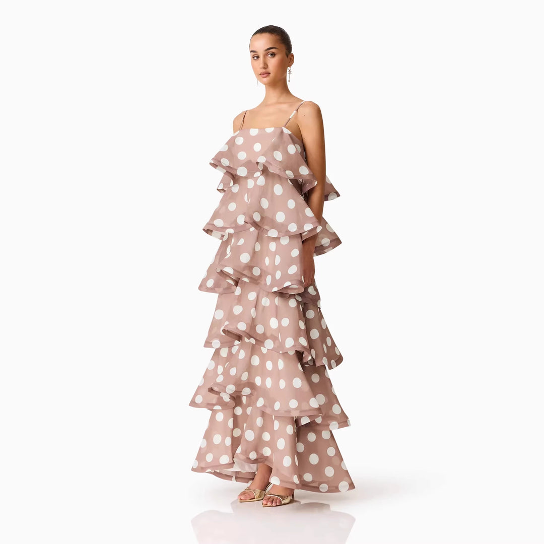 Damen Maxikleid mit verspielten Rüschen und Punkten R&B