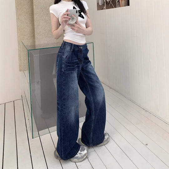 Damen Weite Jeans im lässigen Schnitt mit hoher Taille und modischen Details R&B
