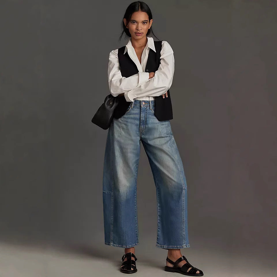 Damen weite Denim-Hose im modernen Schnitt mit hohem Bund R&B