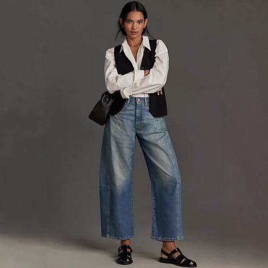 Damen weite Denim-Hose im modernen Schnitt mit hohem Bund R&B