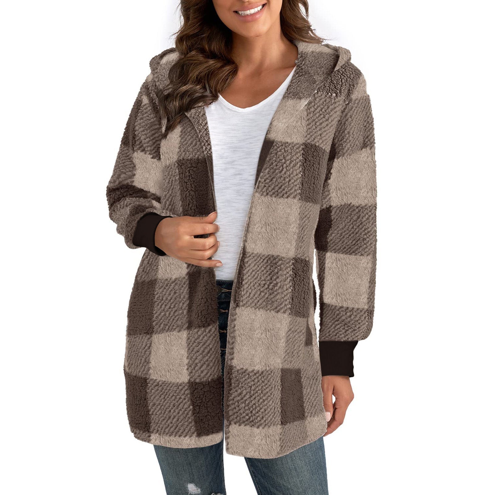 Damen Kuschelige Oversized Jacke mit Kapuze R&B
