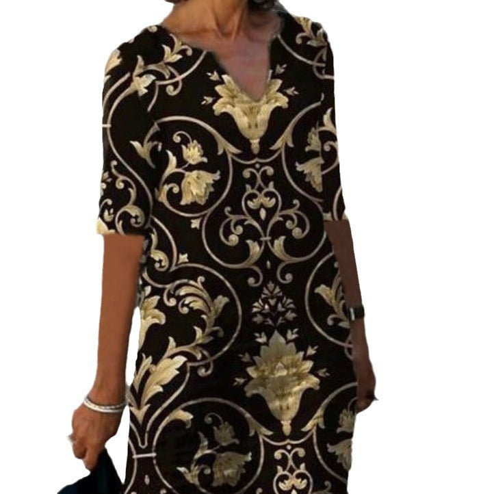 Damen luxuriöses V-Ausschnitt Kleid mit floralem Design und kurzem Ärmel R&B