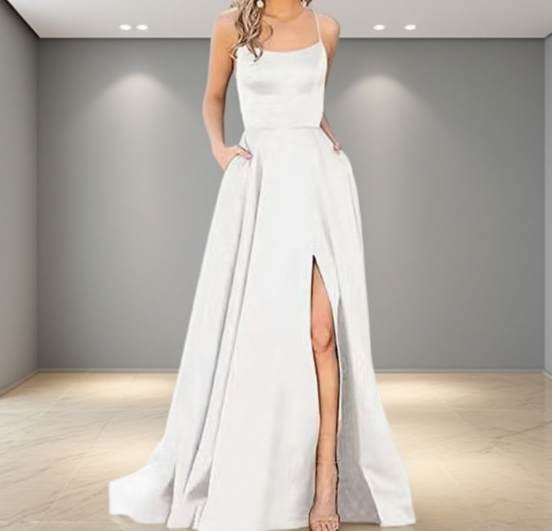 Damen Elegantes Abendkleid mit seitlichem Schlitz und schmalen Spaghetti-Trägern R&B