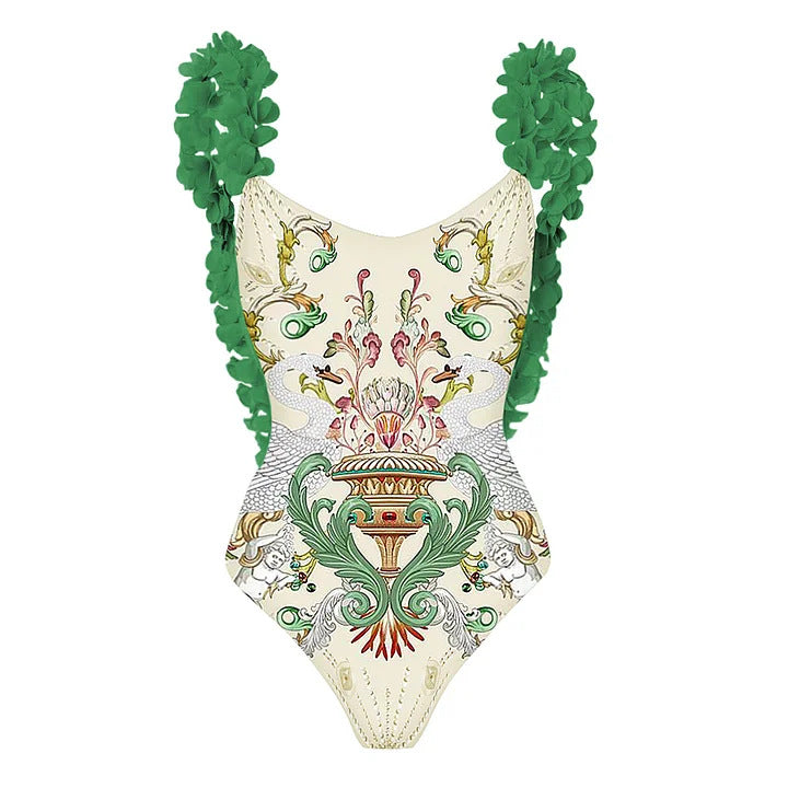 Damen Badeanzug-Set mit floraler Rüschendekoration und elegantem Maxirock R&B