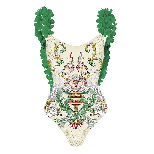 Damen Badeanzug-Set mit floraler Rüschendekoration und elegantem Maxirock R&B