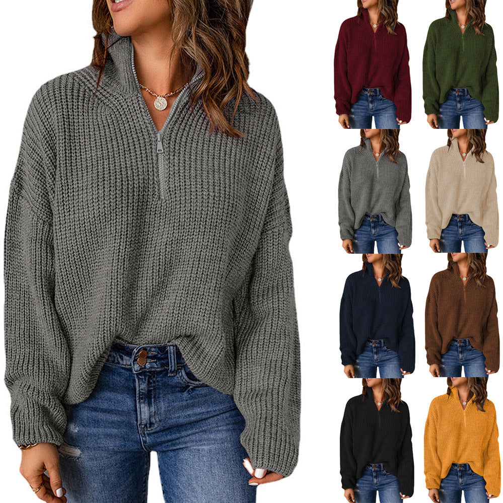 Damen Grobstrickpullover mit Stehkragen und Reißverschluss R&B