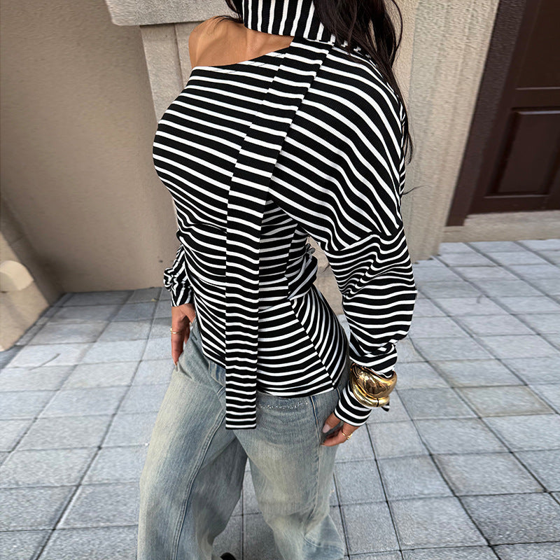 Damen asymmetrisches Streifenoberteil mit schulterfreiem Design und eleganter Schluppe R&B