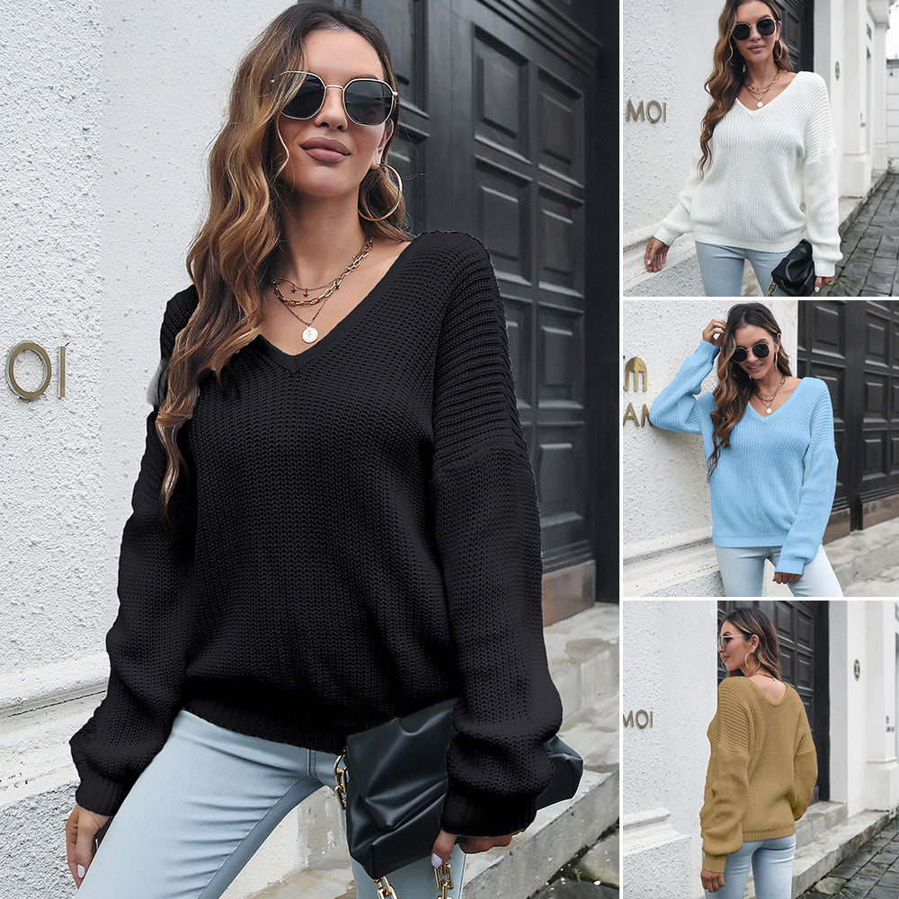 Damen V-Ausschnitt Strickpullover mit strukturierter Oberfläche und lässigem Schnitt R&B