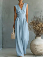 R&B | Eleganter Ärmelloser Jumpsuit mit Tiefem V-Ausschnitt, Taillenbund und Weitem Bein