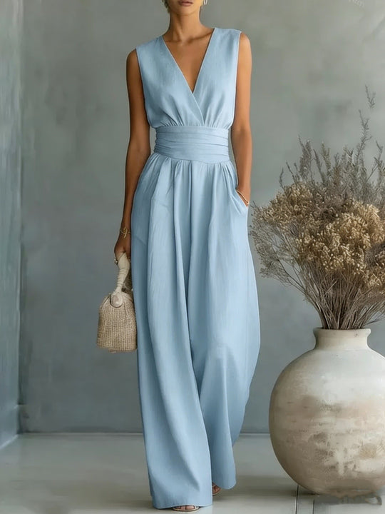 R&B | Eleganter Ärmelloser Jumpsuit mit Tiefem V-Ausschnitt, Taillenbund und Weitem Bein