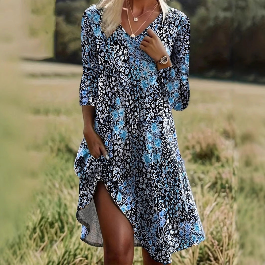Damen Freizeitkleid mit modischem V-Ausschnitt und Seitenschlitz R&B