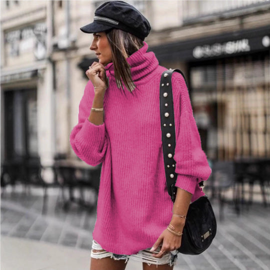 Damen Pullover mit hohem Kragen und grobem Strickmuster R&B