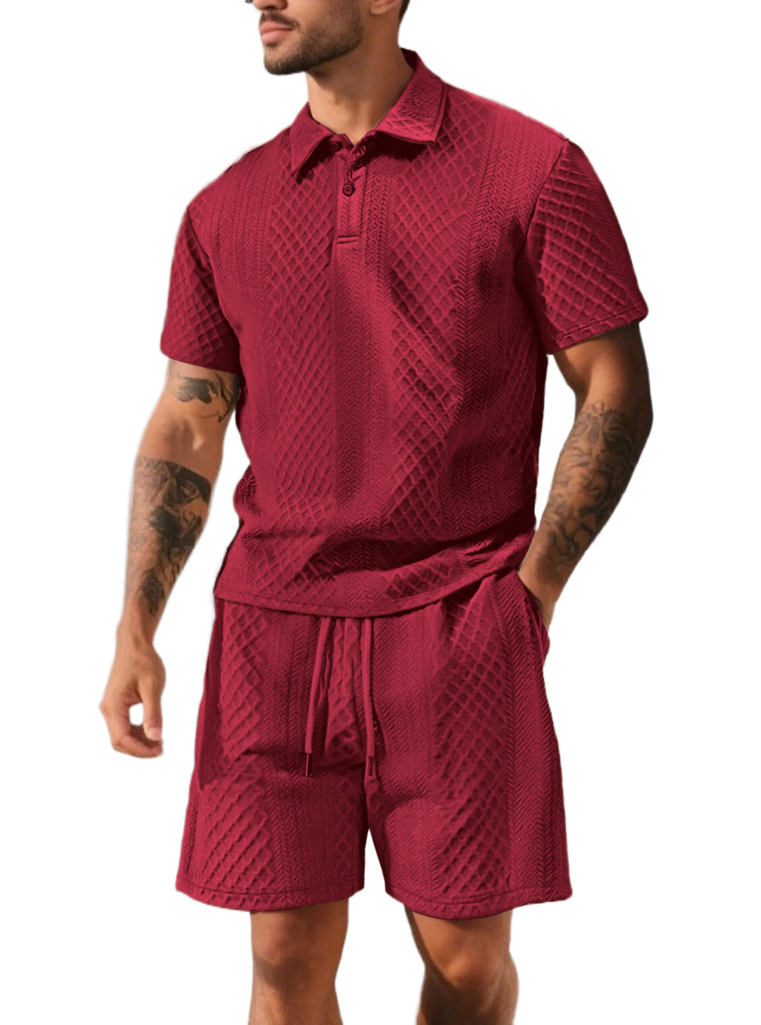 Herren nan strukturiertes Poloshirt- und Bermudashorts-Set aus gesteppter Baumwollmischung R&B