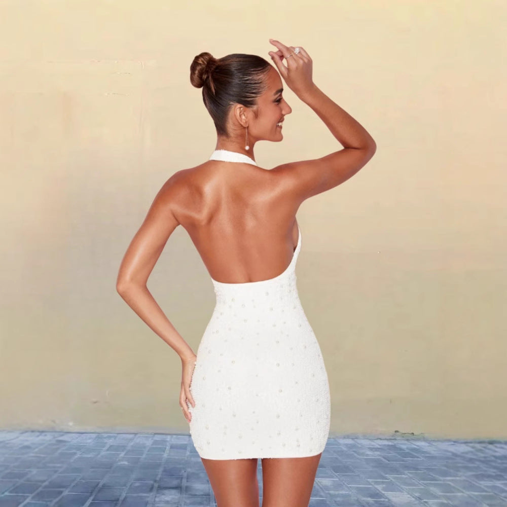 Damen Glamouröses Pailletten-Minikleid mit tiefem V-Ausschnitt und Halter-Design R&B